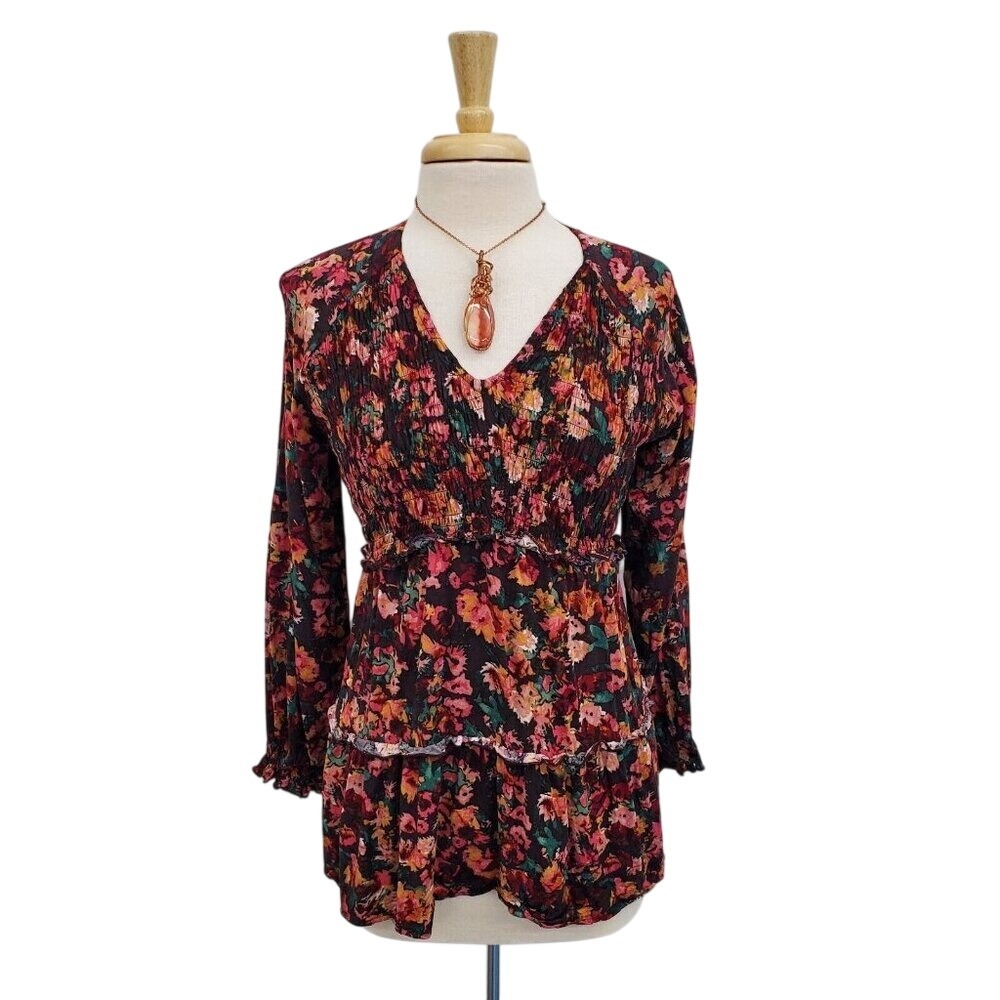 Maurices Womens Floral Smocked Tunic Blouse Size M Multicolor Long Sleeve V-Neck